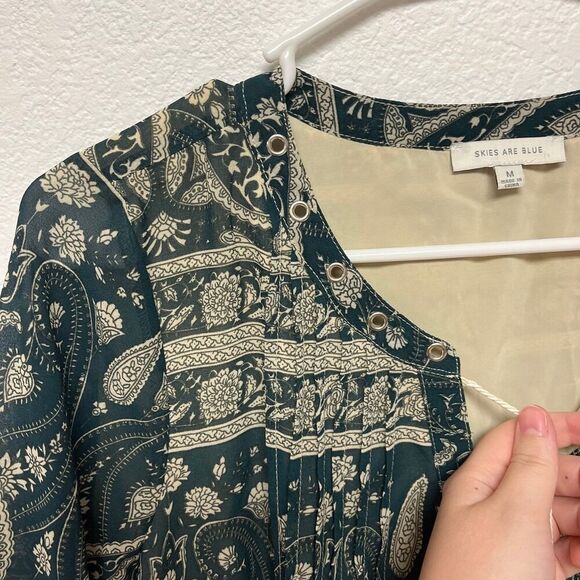 Skies are Blue Shirt Womens Small Green Cream Paisley Peasant Top Boho Bohemian - Picture 5 of 8